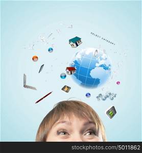 Modern technologies. Half of face of businesswoman with business items above head