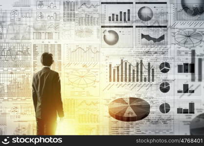 Modern technologies in business. Rear view of businessman with suitcase and diagrams on virtual panel