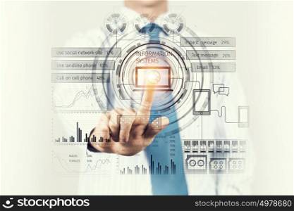 Modern technologies in use. Hand of businessman pushing with finger icon on media interface