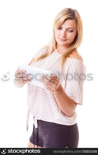 Modern technologies leisure and lifestyle concept. Young woman casual style girl with computer tablet isolated on white