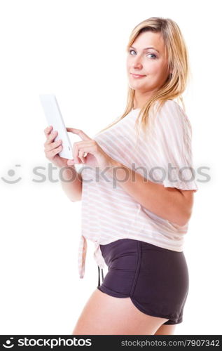 Modern technologies leisure and lifestyle concept. Young woman casual style girl with computer tablet isolated on white