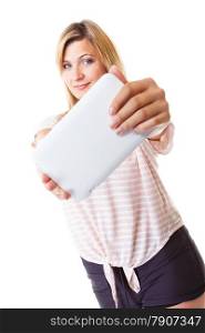 Modern technologies leisure and lifestyle concept. Young woman casual style girl with computer tablet taking self photo isolated on white