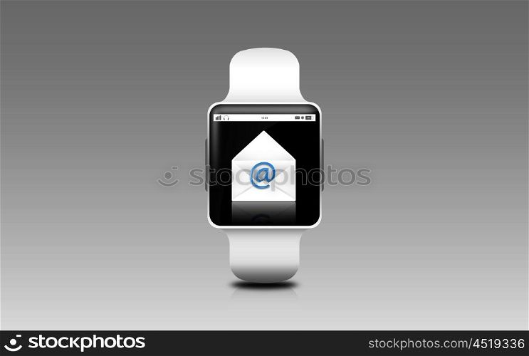 modern technology and communication concept - illustration of smart watch with e-mail letter icon on screen over gray background. illustration of smart watch with e-mail letter icon