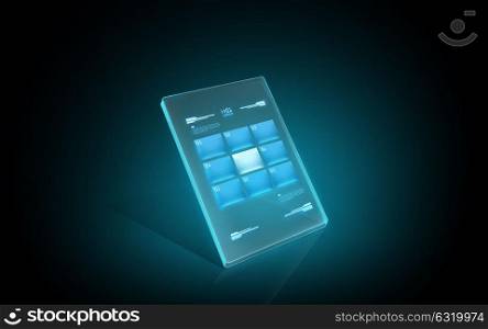 modern technology and futuristic concept - illuminating virtual tablet pc or digital screen interface with buttons. glowing virtual tablet with buttons on screen
