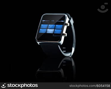 modern technology and object concept - close up of black smart watch with buttons on screen. close up of black smart watch interface