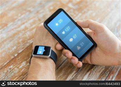 modern technology and people concept - close up of male hands with smartphone and smart watch with social media icons. hands with smartphone and smart watch social media