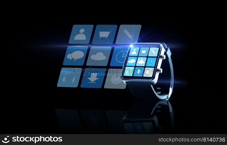 modern technology, application, object and media concept - close up of black smartwatch with app icons on screen over black background