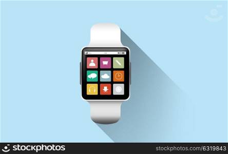 modern technology, application, object and media concept - close up of black smart watch with app icons on screen over blue background. close up of black smart watch with app icons