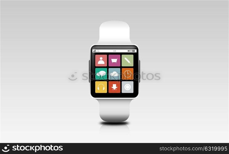 modern technology, application, object and media concept - illustration of smart watch with menu icons on screen over gray background. illustration of smart watch with menu icons on screen
