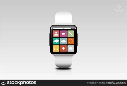 modern technology, application, object and media concept - illustration of smart watch with menu icons on screen over gray background. illustration of smart watch with menu icons on screen