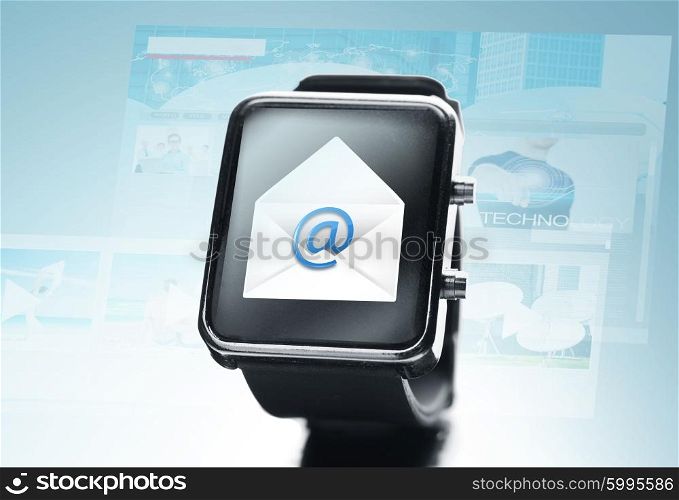 modern technology, communication, object and media concept - close up of black smart watch with email or messenger icon on screen over blue background