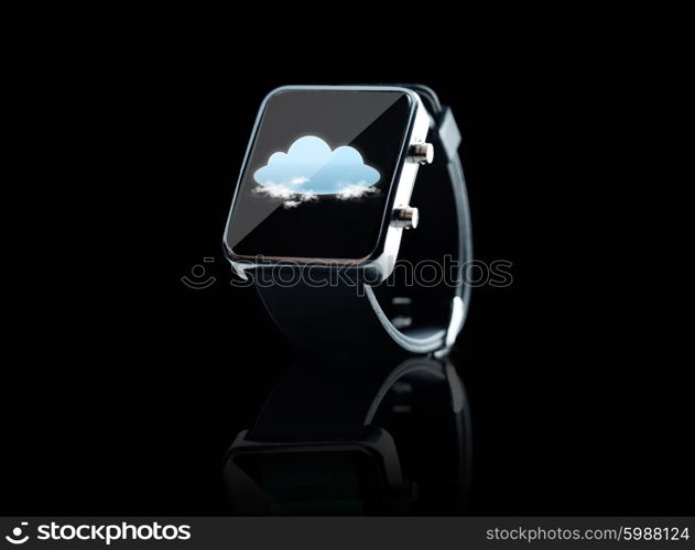 modern technology, computing, object and media concept - close up of black smart watch with cloud icon on screen over black background