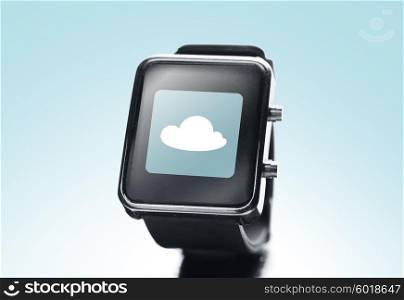 modern technology, computing, object and media concept - close up of black smart watch with cloud icon on screen over blue background