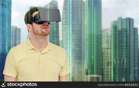 modern technology, cyberspace, entertainment and people concept - young man with virtual reality headset or 3d glasses over city skyscrapers and binary code background. man in virtual reality headset or 3d glasses