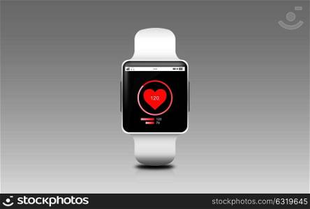 modern technology, healthcare, object and media concept - illustration of black smart watch with heart rate icon on screen over gray background. illustration of black smart watch with heart rate icon