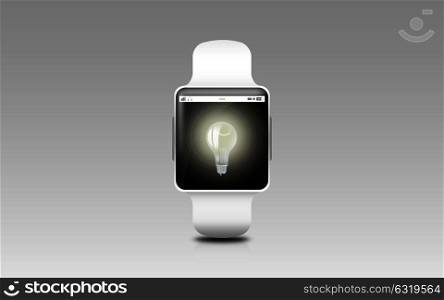 modern technology, idea, object and media concept - illustration of black smart watch with light bulb icon on screen over gray background. illustration of smart watch with light bulb icon