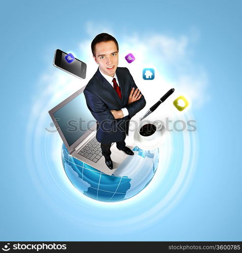 Modern technology illustration with computers and business person