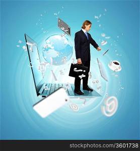 Modern technology illustration with computers and business person