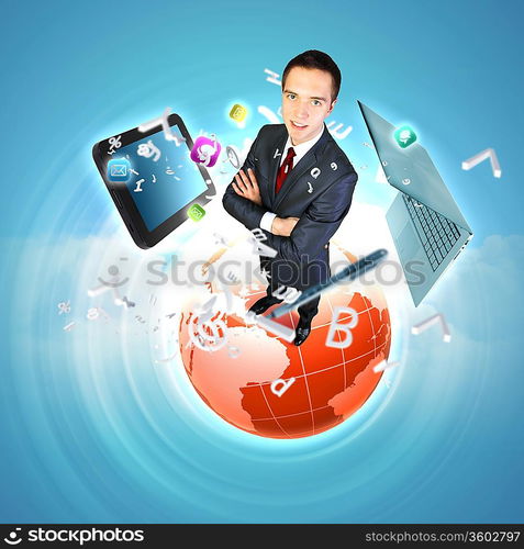 Modern technology illustration with computers and business person