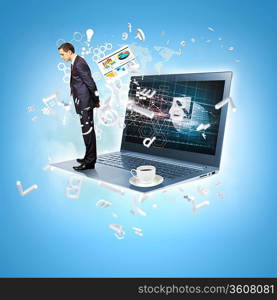 Modern technology illustration with computers and business person