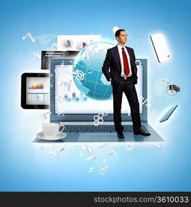 Modern technology illustration with computers and business person