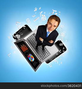 Modern technology illustration with computers and business person