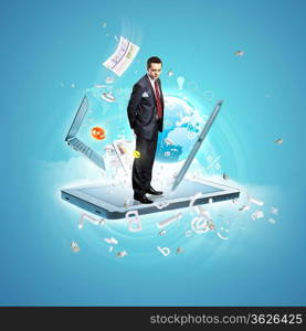 Modern technology illustration with computers and business person