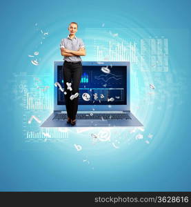 Modern technology illustration with computers and business person