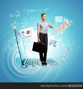 Modern technology illustration with computers and business person