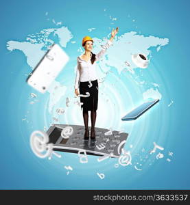 Modern technology illustration with computers and business person