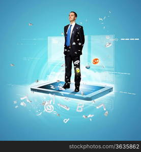 Modern technology illustration with computers and business person