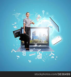 Modern technology illustration with computers and business person