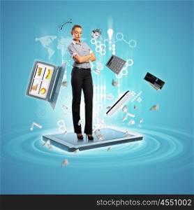 Modern technology illustration with computers and business person. Modern technology illustration