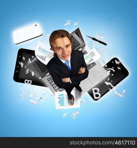 Modern technology illustration with computers and business person. Modern technology illustration