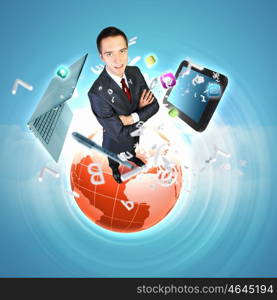 Modern technology illustration with computers and business person. Modern technology illustration