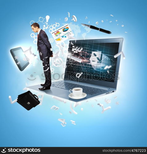 Modern technology illustration with computers and business person. Modern technology illustration