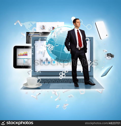 Modern technology illustration with computers and business person. Modern technology illustration