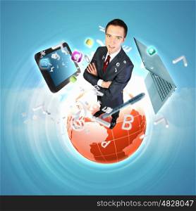 Modern technology illustration with computers and business person. Modern technology illustration