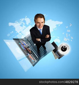 Modern technology illustration with computers and business person. Modern technology illustration