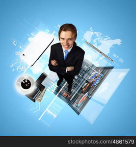 Modern technology illustration with computers and business person. Modern technology illustration