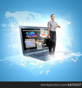 Modern technology illustration with computers and business person. Modern technology illustration