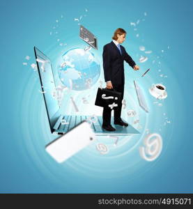 Modern technology illustration with computers and business person. Modern technology illustration