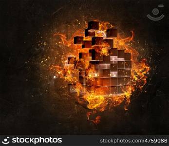 Modern technology integration. Digital cube figure burning in fire on dark background
