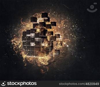 Modern technology integration. Digital cube figure burning in fire on dark background