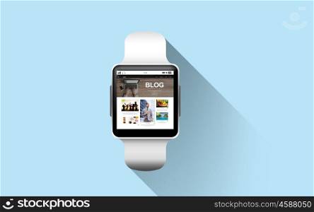 modern technology, internet, object and blogging concept - close up of black smart watch with blog web page on screen over blue background