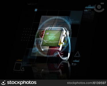 modern technology, internet, object and media concept - close up of black smart watch with sport news application an virtual screen projection
