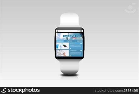 modern technology, mass media and object concept - close up of black smart watch with business news on screen over gray background