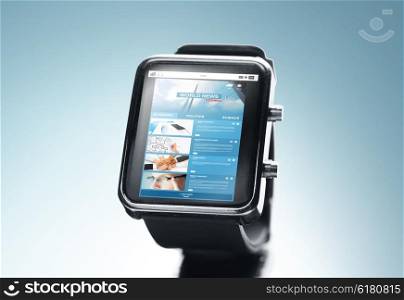 modern technology, mass media, application and object concept - close up of black smart watch with news web page on screen over blue background