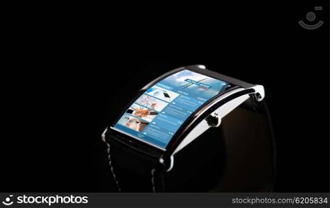 modern technology, mass media, application and object concept - close up of black smart watch with news web page on screen over black background