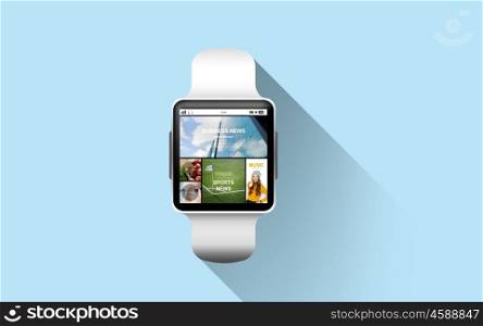 modern technology, mass media, internet and object concept - close up of black smart watch with news application on screen over blue background